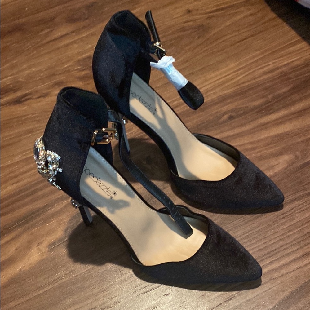 Shoe Dazzle Black Suede Heels with Rhinestone heels